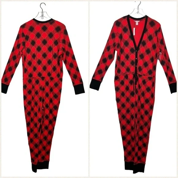 NEW Victoria’s Secret Red Plaid Pajama Thermal Waffle Knit Jumpsuit Sz XL - Picture 2 of 13